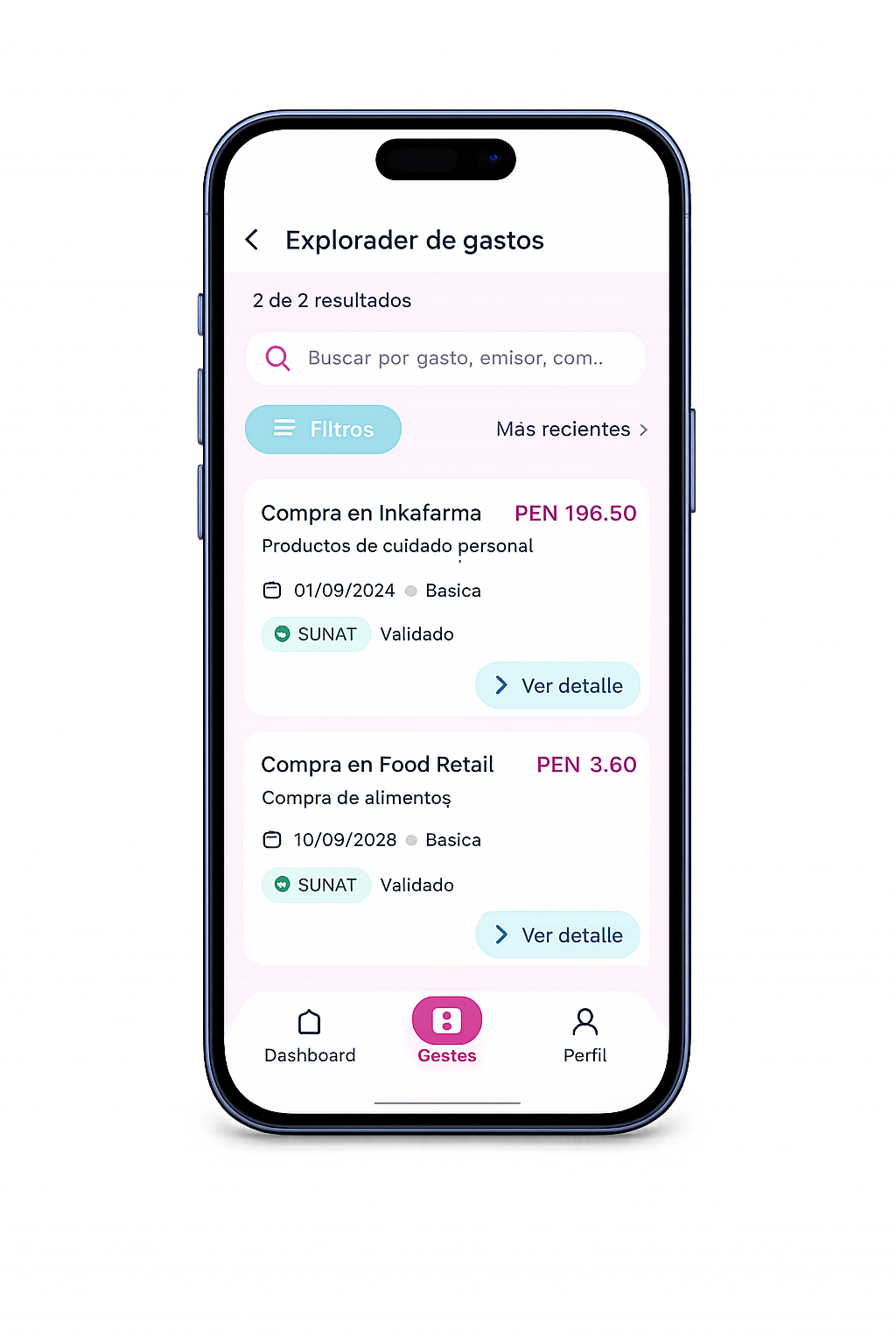 Listado de gastos con el sello SUNAT validado