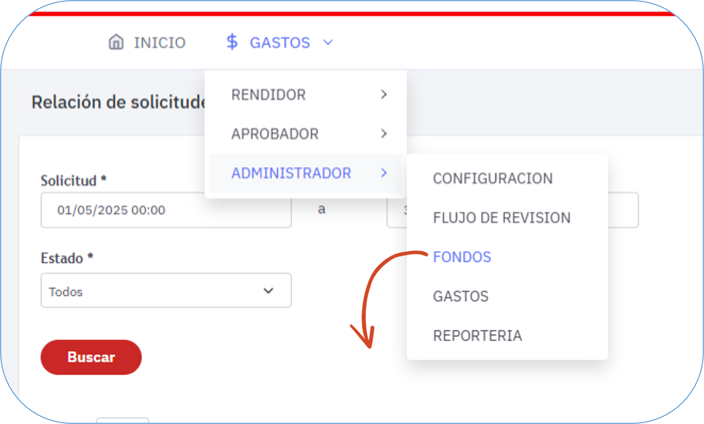 Menú de gastos con los perfiles rendidor, aprobador y administrador